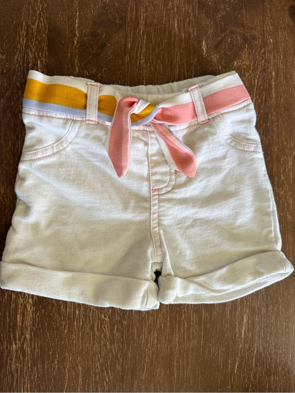 White Girls Knit Roll-Cuff Shorts with Pink & Yellow Waist Tie